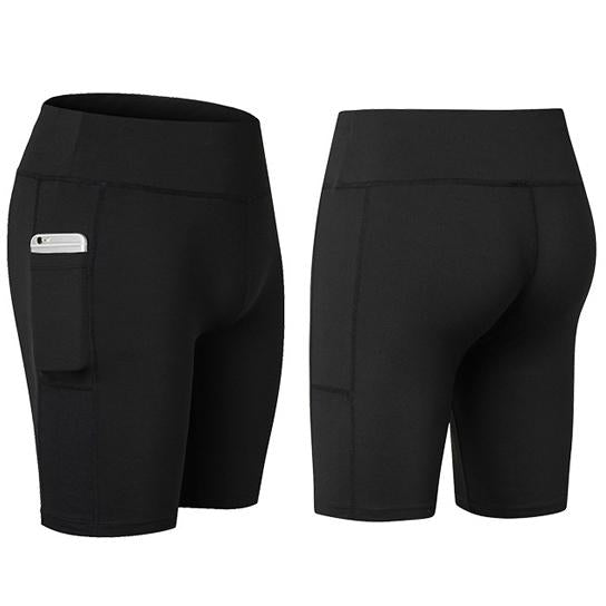 All Seasons Comfort Yoga Shorts Stretchable With Phone Pocket, black side view | Crafty Monkey