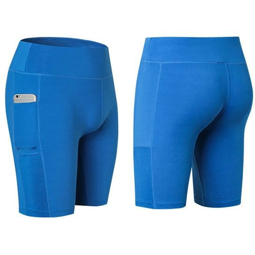 All Seasons Comfort Yoga Shorts Stretchable With Phone Pocket, blue side view | Crafty Monkey