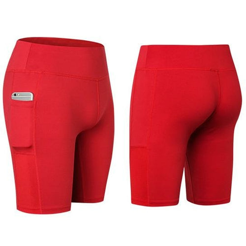 All Seasons Comfort Yoga Shorts Stretchable With Phone Pocket, red side view | Crafty Monkey
