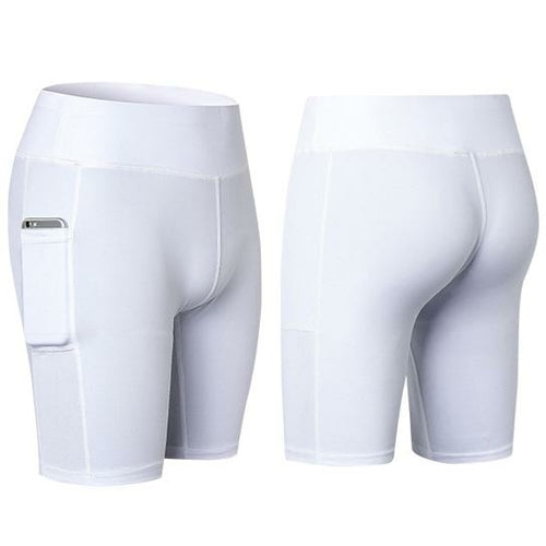 All Seasons Comfort Yoga Shorts Stretchable With Phone Pocket, white side view | Crafty Monkey