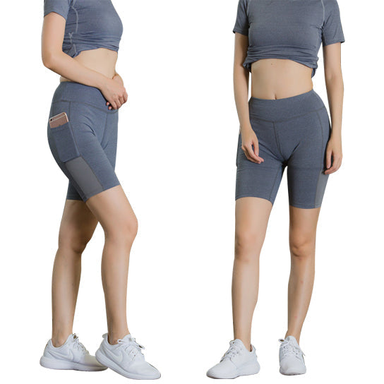 All Seasons Comfort Yoga Shorts Stretchable With Phone Pocket, grey front side | Crafty Monkey