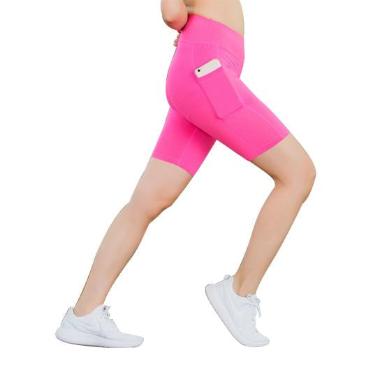 All Seasons Comfort Yoga Shorts Stretchable With Phone Pocket, Pink, Side | Crafty Monkey