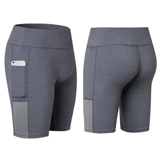 All Seasons Comfort Yoga Shorts Stretchable With Phone Pocket, grey close up | Crafty Monkey