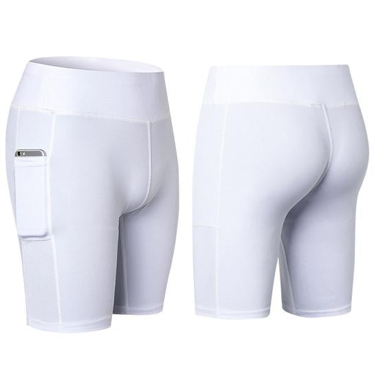 All Seasons Comfort Yoga Shorts Stretchable With Phone Pocket, white side view | Crafty Monkey