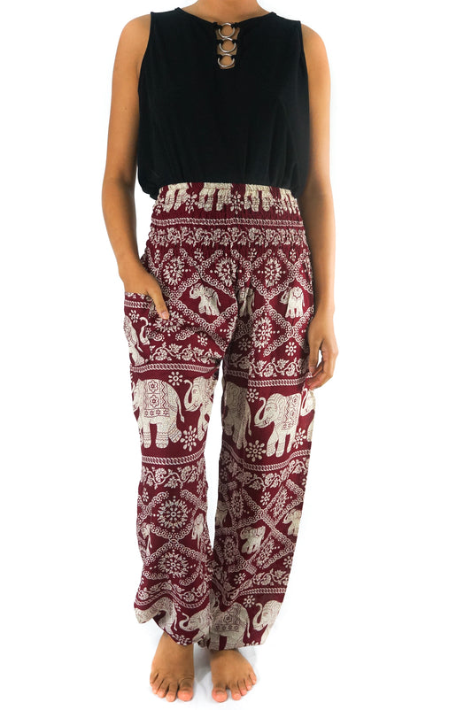 Burgundy ELEPHANT Pants Women Boho Hippie Pants Yoga, front view dark red | Crafty Monkey