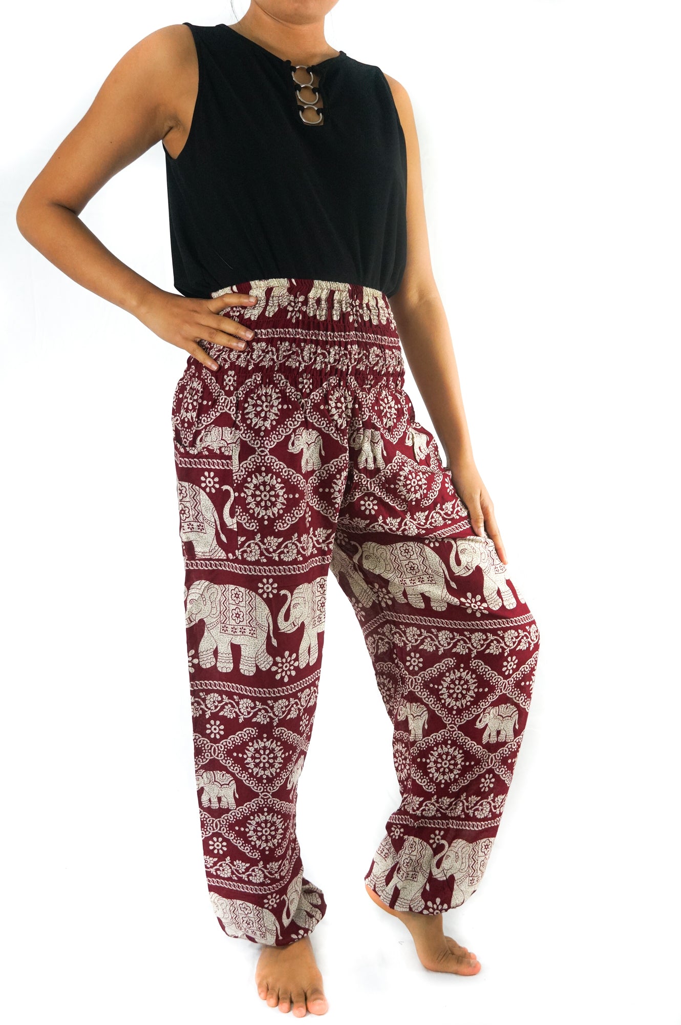 Burgundy ELEPHANT Pants Women Boho Hippie Pants Yoga, front view | Crafty Monkey