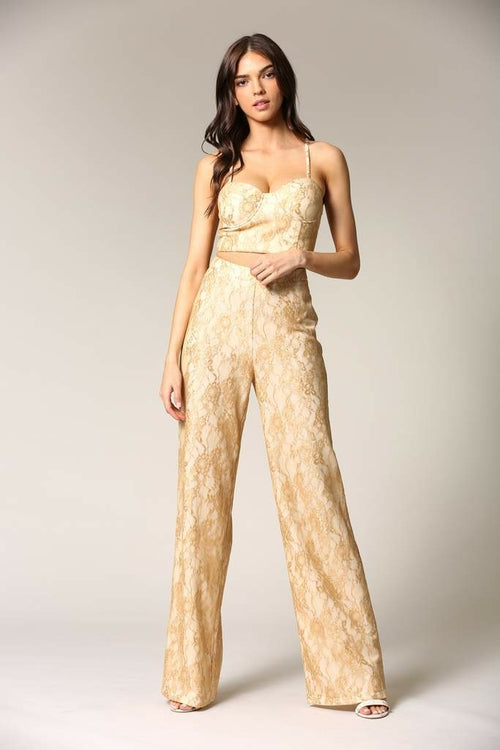 Caeli Two-Piece Gold Lace Outfit Featuring Built-In Underwire and Bra, front view | Crafty Monkey