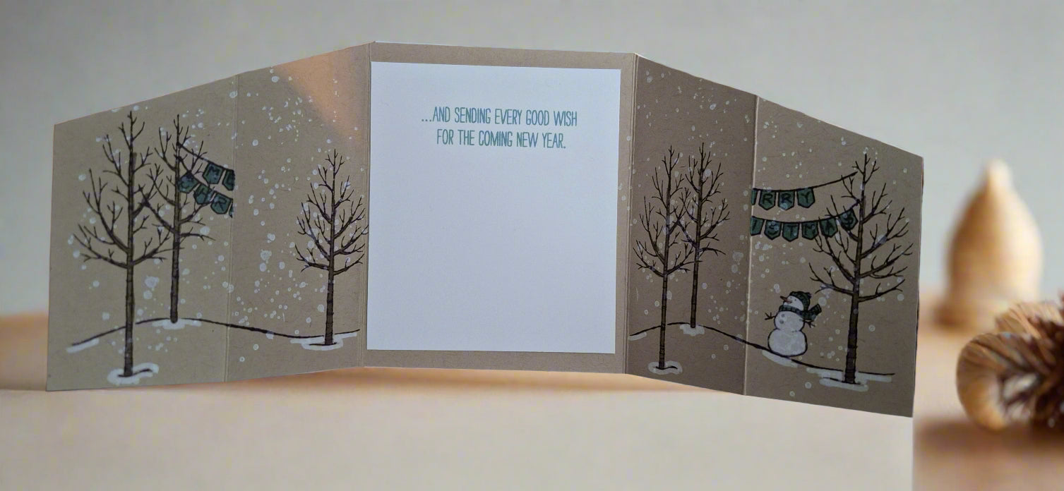 White Christmas Greeting Card with Snowman DIY, Opened Front View with Sentiment | Crafty Monkey