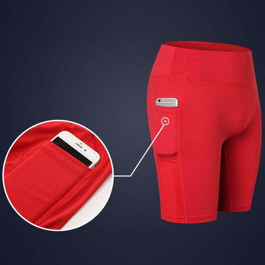 All Seasons Comfort Yoga Shorts Stretchable With Phone Pocket, red side view | Crafty Monkey