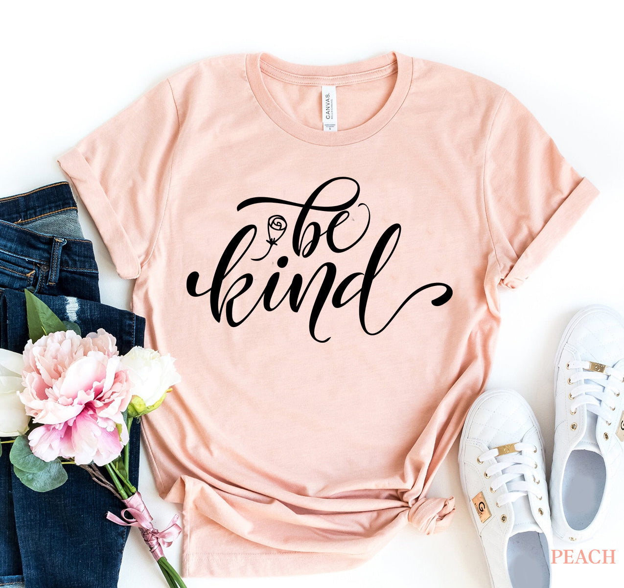 "Be Kind" Cotton Soft T-Shirt Peach, front view | Chic Wear & Gear | Crafty Monkey