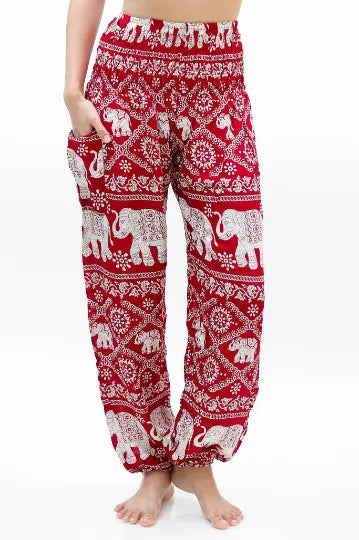Burgundy ELEPHANT Pants Women Boho Hippie Pants Yoga | Crafty Monkey, front view