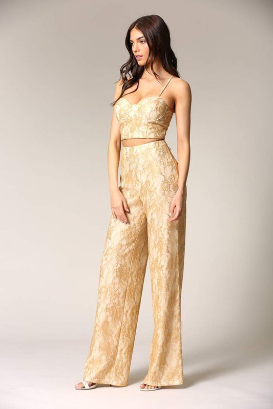 Caeli Two-Piece Gold Lace Outfit Featuring Built-In Underwire and Bra, side view | Crafty Monkey