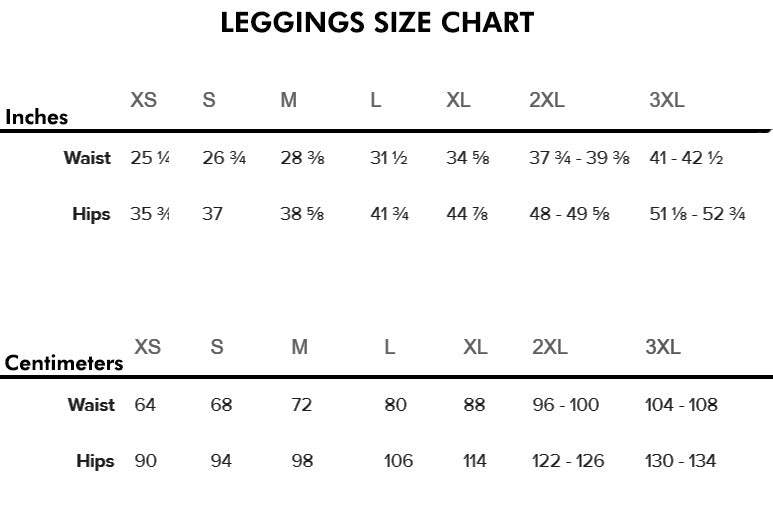 Pink Camo Leggings, Capris, Shorts Size Chart