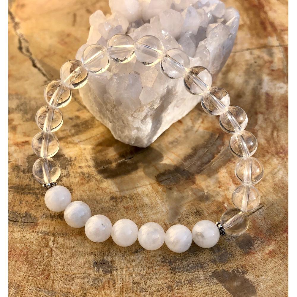 Rainbow Moonstone & Crystal Quartz Stretch Bracelet! Genuine Crystals!