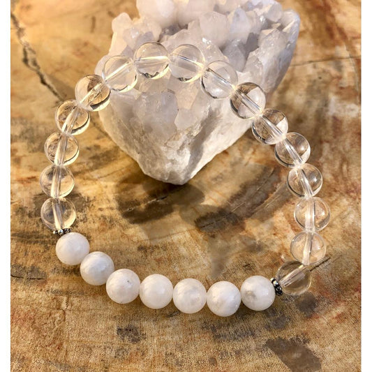 Rainbow Moonstone & Crystal Quartz Stretch Bracelet! Genuine Crystals!